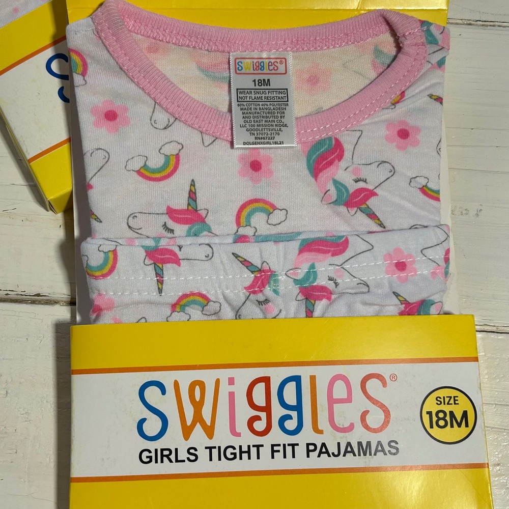 Swiggles Girls 18M Unicorn Rainbow Tight Fit Pajamas 2pc Set White Pink